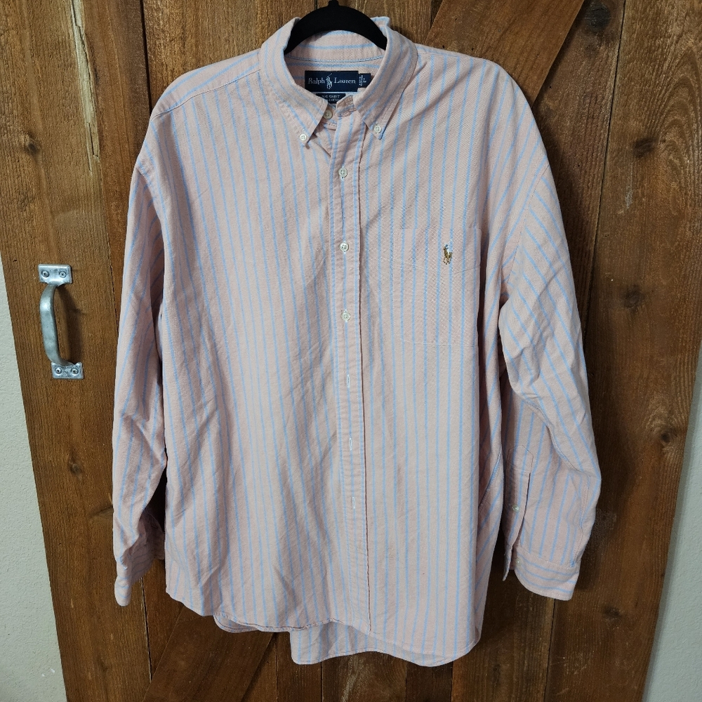 Ralph Lauren Mens Large Pink and Blue Stripe Button Down Big Shirt